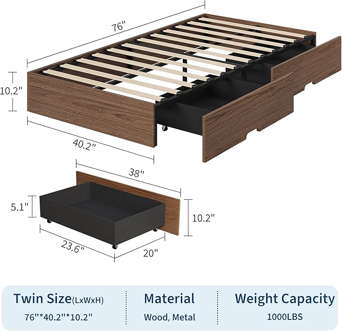 IDEALHOUSE Twin Bed Frame with 2 Storage Drawers, Wooden Bed Frame Without Headboard, Minimalist Floor Platform Bed, Wood Slat Support, Noise Free, No Box Spring Needed, Easy Assembly