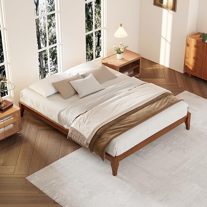 Merax Mid-Century Bamboo Platform Bed, Queen Size Bed Frame with Wood Slat Support, No Box Spring Needed, Easy Tool-Free Assembly, Brown