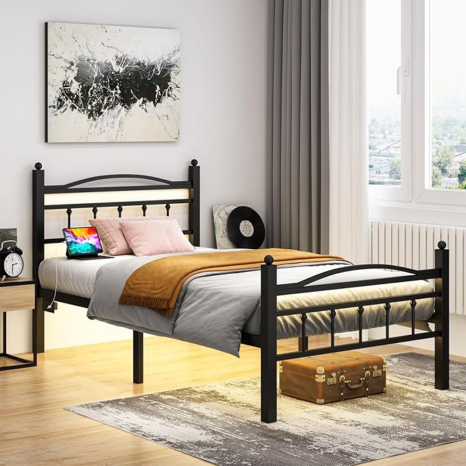 Jenmit Twin Bed Frames with Headboard, LED Bed Frame with Charging Station, Metal Platform, Under-Bed Storage, No Box Spring Needed, Noise Free, Easy Assembly, Black