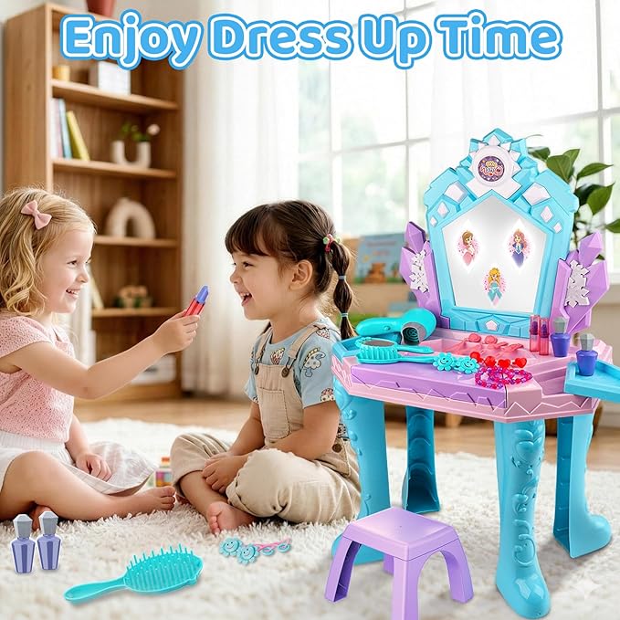 Toddler Frozen Vanity Table and Chair, Girls Magic Makeup Set with Mirror and Lights & Music, Kids Pretend Play Toys for 2 3 4 5 Year Old Girl Princess Dress Playset Birthday Gifts Ages 2-4 3-5