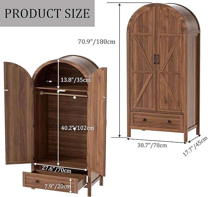 PAKASEPT Armoire Wardrobe Closet with Drawers and 2 Arched Fluted Doors, 70.9‘’ Tall Wooden Bedroom Armoires with LED Light & Shelves and Hanging Rod(Brown)