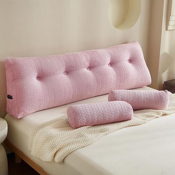YOUR MOON Wedge Headboard Pillow Queen Size, Triangular Wedge Backrest Pillow with 1 Pack Neck Roll Pillows, Headboard Pillow for Bed,Daybed,and Lounging, Large Bed Bolster Pillows,Pink