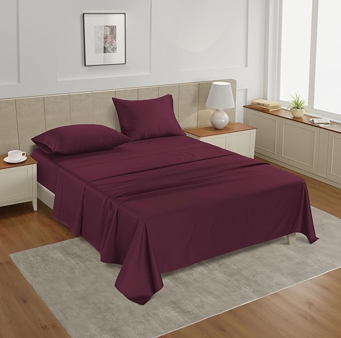 LANE LINEN King Size Bed Sheets Set - 450 Thread Count Sateen Weave for Smooth & Silky Feel On Skin - Breathable 100% Cotton Sheets for Single Beds - Fits Mattresses Upto 15'' Deep - Windsor Wine