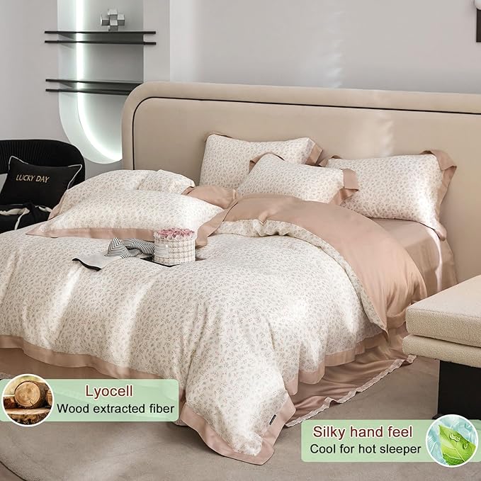 VM VOUGEMARKET Girls Pink Flower Leaves Duvet Cover Set Queen Princess Lace Bedding Set Cooling Silky Lyocell Duvet Cover with Zipper Closure-Blush Pink,90x90 Inch