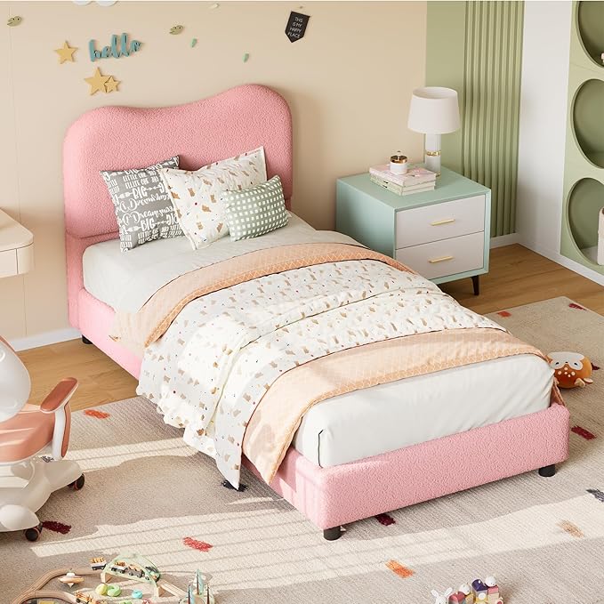 Boucle Twin Bed Frame for Kids with Upholstered Headboard, Low Profile Sturdy Platform Bed with Soft Boucle Fabric for Girls and Boys, Heavy Duty, Wooden Slats, Noise Free, No Box Spring Needed, Pink