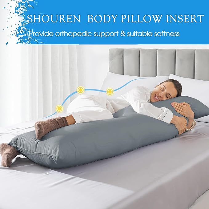 SHOUREN Cotton Body Pillow Insert - Cooling Breathable Full Body Pillow for Side Sleeper - Soft Long Bed Pillow for Adults - 20 x 54 inch-Gray