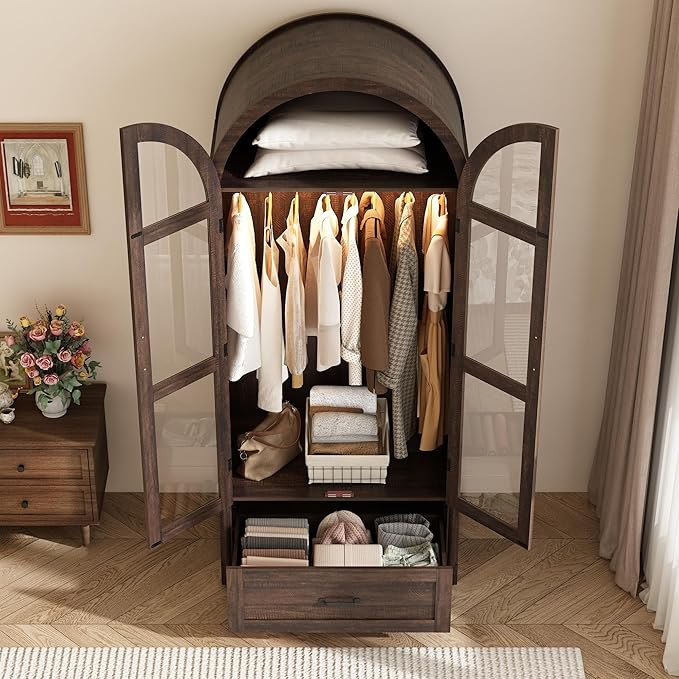 chartustriable 2 Doors Arched Armoire Wardrobe Closet w/Drawers,LED Light,Wooden Closet Wardrobe Cabinet with Hanging Rod for Bedroom,Modern Armoire Storage Cabinet w/Shelf,Rustic Brown