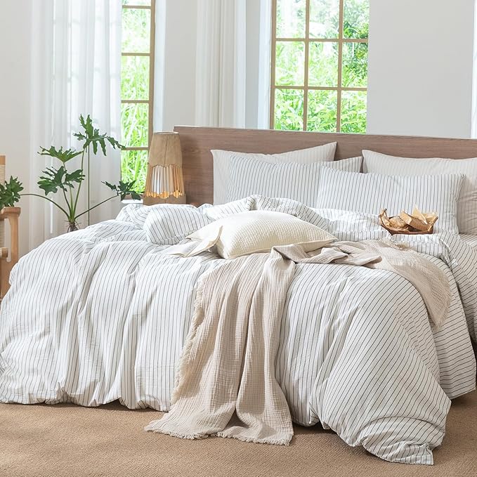 MooMee Striped Duvet Cover Set 100% Washed Cotton Linen Like Textured Breathable Durable Soft Comfy (White Heathered Green Wide Stripes, Full 80"x90")