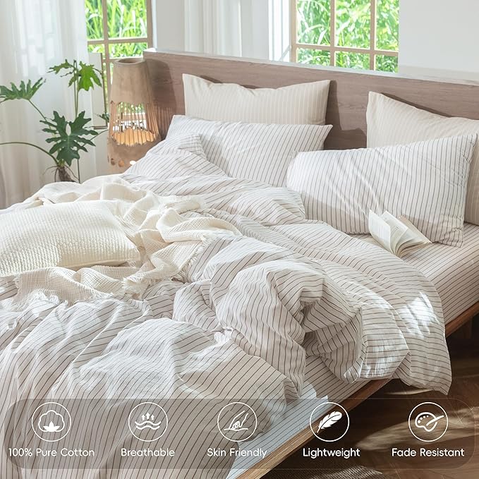 MooMee Striped Duvet Cover Set 100% Washed Cotton Linen Like Textured Breathable Durable Soft Comfy (White Orange Wide Stripes, Full 80"x90")