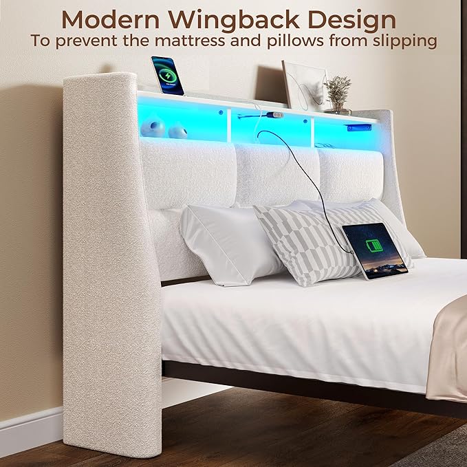 Rolanstar Twin Size Bed Frame with LED Lights and Charging Station, Upholstered Headboard with 2-Tier Storage Shelves, Heavy Duty Metal Frame, Noise-Free Support, Easy Assembly, No Box Spring Needed