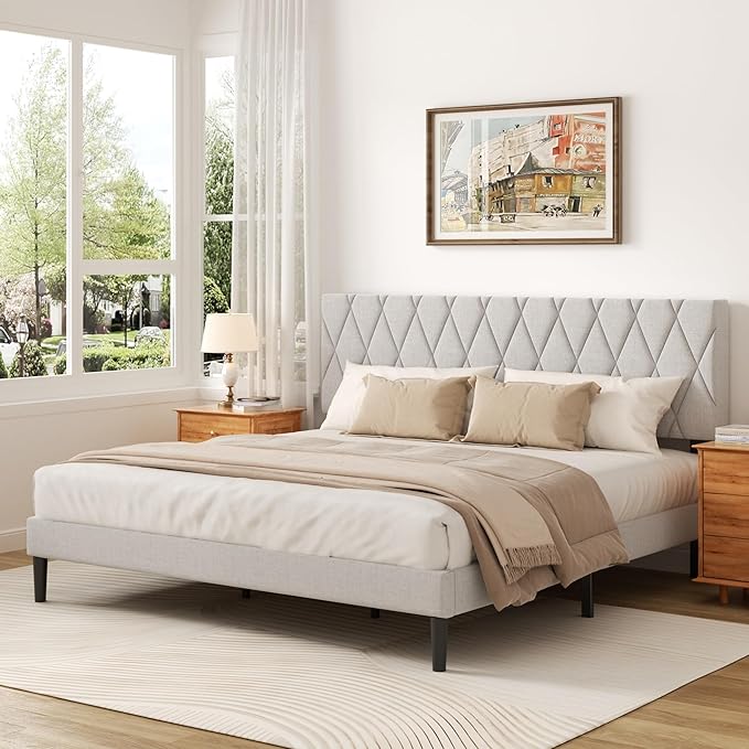 CXVX King Size Bed Frame with Diamond Tufted Headboard, Linen Upholstered Platform Bed and Wooden Slat Support, Noise-Free, No Box Spring Needed, Easy Assembly, Light Grey