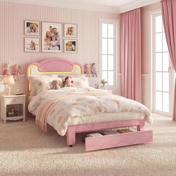 Garvee Twin Size Upholstered Bed Frame with LED Lights & Storage Drawers, Fabric Headboard & Wood Slats, No Box Spring Needed, Princess Bed for Girls (Pink White)