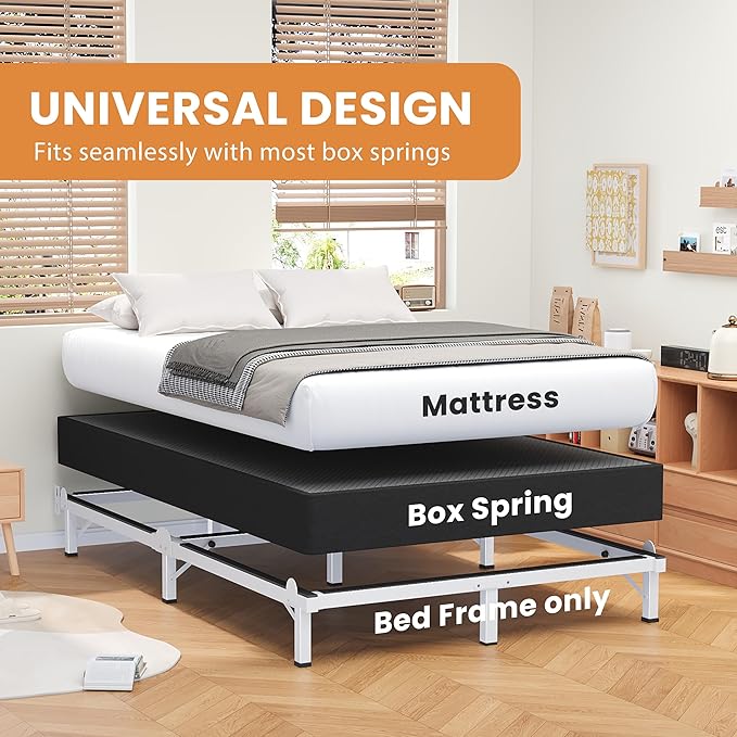 MAF Metal Bed Frame Queen, 9-Legs Support Bed Base, 8 Inches Queen Bed Frame for Box Spring and Mattress, Basics Bed Frame Headboard Attachable Tool-Free Easy Assembly, White