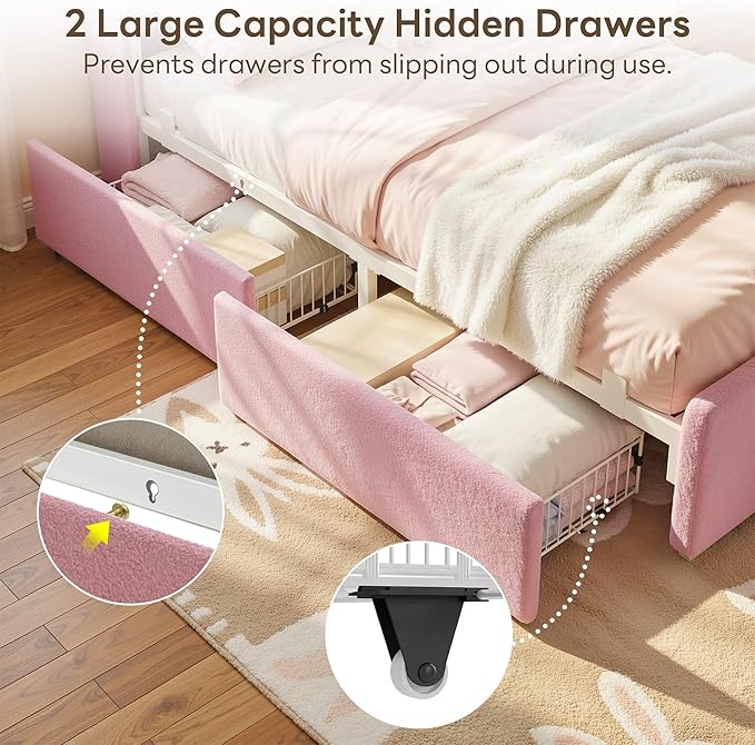 LIKIMIO Twin Bed Frame with 2 DIY Storage Drawers, Bouclé Headboard with Charging Station and LED Lights, Sturdy and Stable, No Box Spring Required, Easy Assembly, Pink
