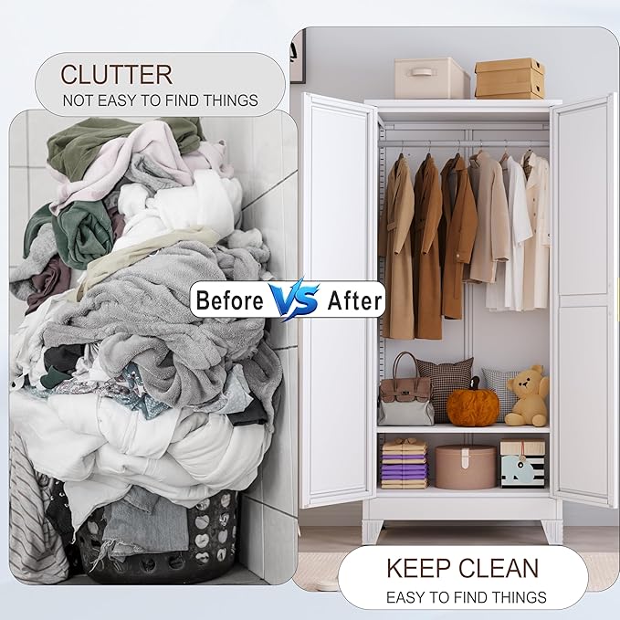 71" Metal Armoire Wardrobe Closet, Steel Clothing Storage Cabinet with Mirror and Adjustable Shelves, Household Steel Wardrobes Storage Cabinet with Adjustable Standing Feet and Hanging Rod（White）
