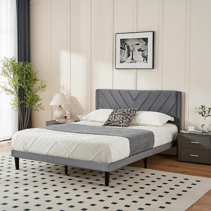 Queen Bed Frame with Headboard, Bed Frame Queen Size with Sturdy Wooden Slats Support, Platform Bed Frame with Velvet Upholstered Headboard, Mattress Foundation, Easy Assembly, No Box Spring Needed