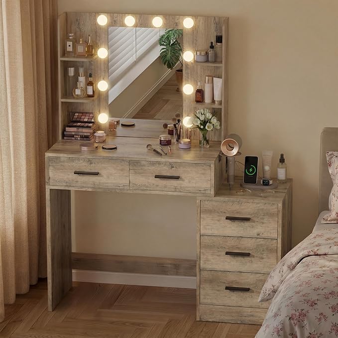 Furmax Makeup Vanity Desk with Mirror and Power Outlet, Vanity with 3 Color Light Options Adjustable Brightness, Vanity Table with 5 Drawers, 6 Storage Shelves, Nightstands (Rustic Oak)