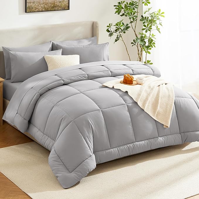 CozyLux King Size Comforter Set French Grey, 7 Pieces Bed in a Bag, Gray Comforter King Size, All Season Bedding Sets with Stitch Quilted Comforter, Flat Sheet, Fitted Sheet, Pillowcases