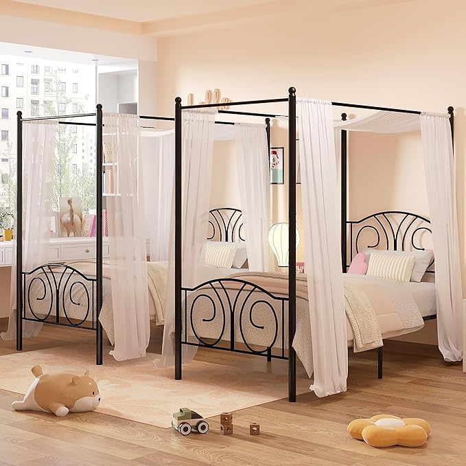 VECELO Metal Canopy Bed Frame Twin Size, 4 Posters Platform Mattress Foundation with Headboard, Heavy Duty Steel Slats Support, No Box Spring Needed, Matte Black