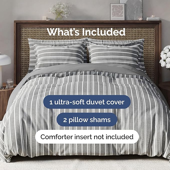 Duvet Cover Full Size Set - Extra Soft Full Duvet Cover 80" x 90" with 2 Pillow Shams - Hotel Luxury, Easy Care & Fade Free with Zipper Closures & Ties - All Season, Comfy & Breathable (Grey Stripes)