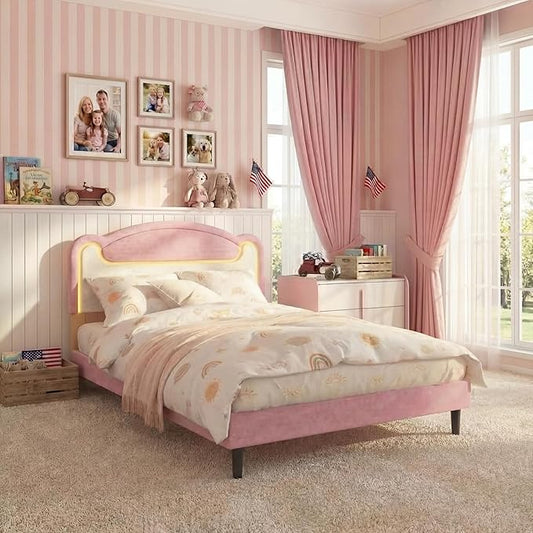 Garvee Full Size Upholstered Bed Frame with LED Lights & Fabric Headboard, Princess Platform Bed for Girls with Wood Slats, No Box Spring Needed (Pink White)