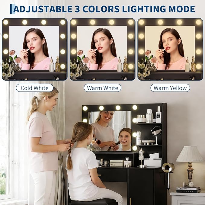 Garvee Vanity Desk with Mirror and Light, Makeup Dressing Table with Large Drawers and 3-Level Storage Dresser, 3 Lighting Modes Adjustable Brightness, Modern Vanity Set for Bedroom, Black