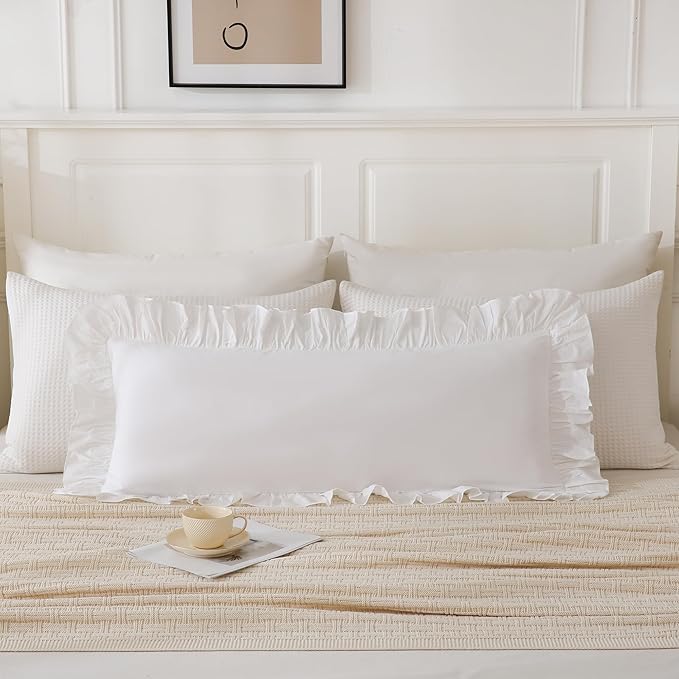 14x36 inches Off White Ruffled Lumbar Pillow Cover 1 Piece, Pure Washed Cotton Soft Decor Pillowcase Farmhouse Vintage Cushion Cover for Bed Livingroom