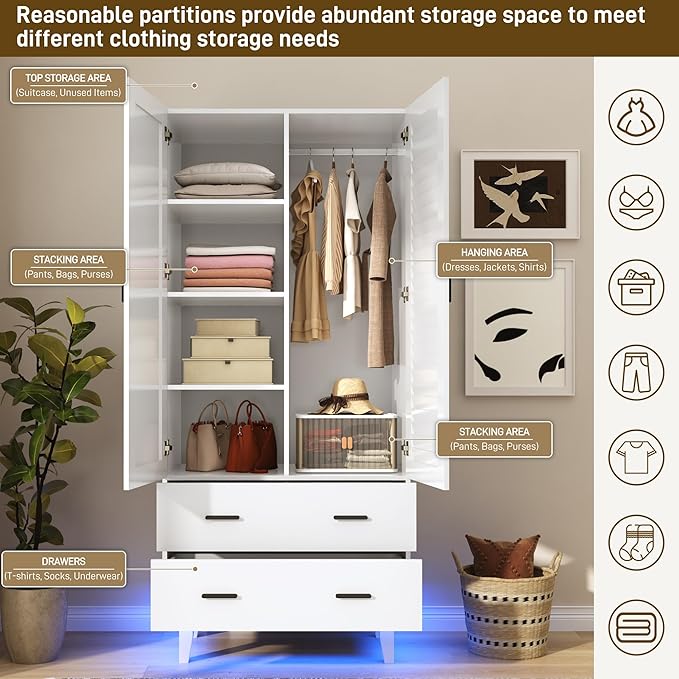jiteentarou 2 Door Armoire Wardrobe Closet Cabinet with Drawers and LED Lights, Multi-Tier Shelves, Hanging Rod & 2 Louver Doors, Large Capacity Storage Wardrobe Armoire for Bedroom(2 Doors White)