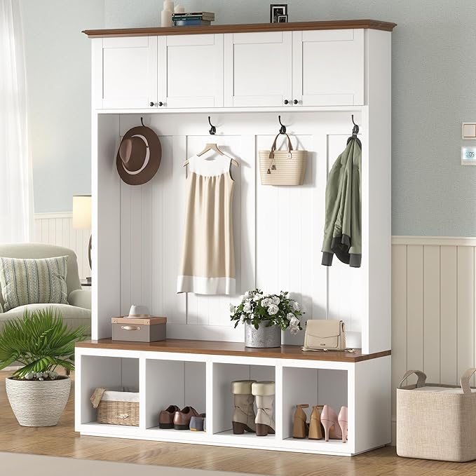 Merax Farmhouse Wood 59''W Hall Tree with 4 Hooks and Entryway Shoe Bench, 4-in-1 Coat Racks with 4 Open Compartments and Cabinets, for Entrance, Hallway, Mudroom, White