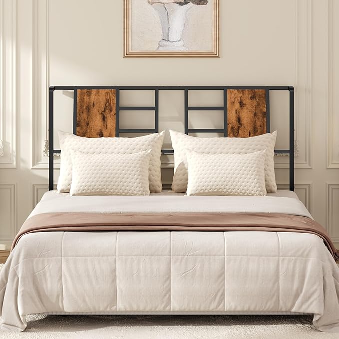 MAHANCRIS Headboard Queen Size Only, Industrial Metal Bed Headboard with Adjustable Feet and Compatible Adapters, Fits Most Bed Frames, Rustic Brown and Black