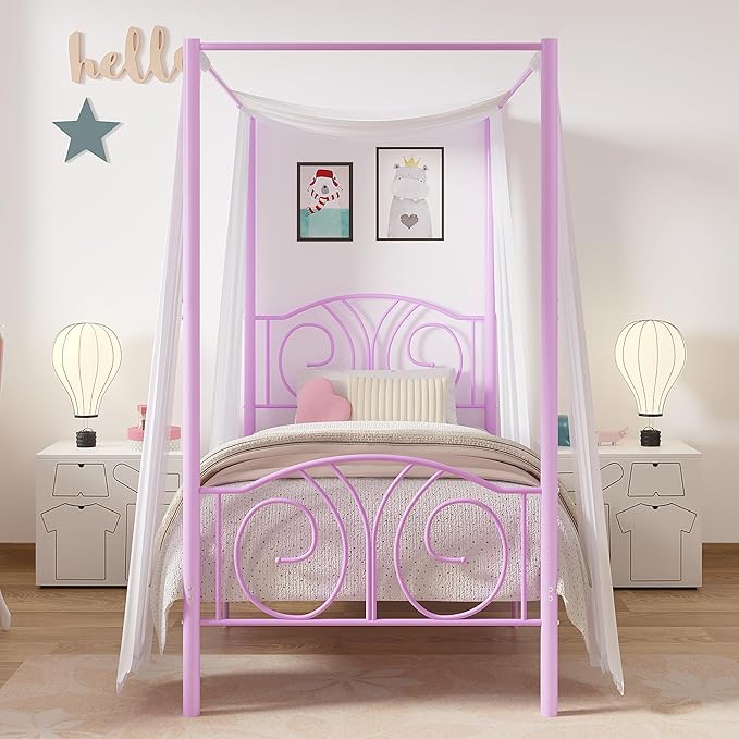 VECELO Metal Canopy Bed Frame Twin Size, 4 Posters Platform Mattress Foundation with Headboard, Heavy Duty Steel Slats Support, No Box Spring Needed, Purple