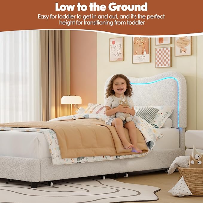 GarveeHome Upholstered LED Twin Bed Frames for Kids with 2 Drawers and Headboard, Cute Twin Bed with Storage for Girls, Boys, Sturdy Platform Bed, No Box Spring Needed, Wooden Slats, Noise, White