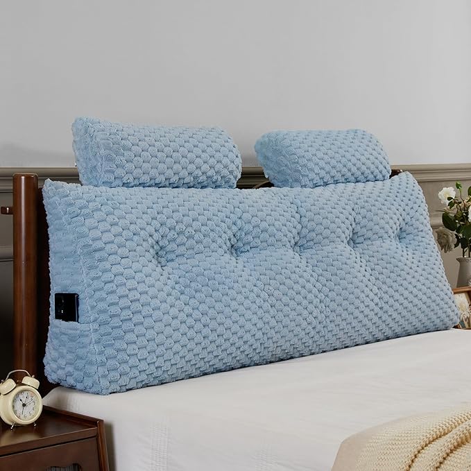 Wedge Headboard Pillow - Bed Wedge Pillow for Headboard Triangular Headboard Pillow with Neck Roll Pillow-Large Bolster Pillow for Sitting in Bed Backrest Positioning Support (Blue,54x8x20 Inches)