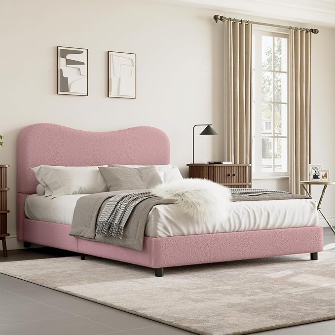 GarveeHome Boucle Queen Bed Frame with Upholstered Headboard, Soft Low Profile Sturdy Platform Bed with Rounded Corners Design, Heavy Duty, Wooden Slats, Noise Free, No Box Spring Needed, Pink
