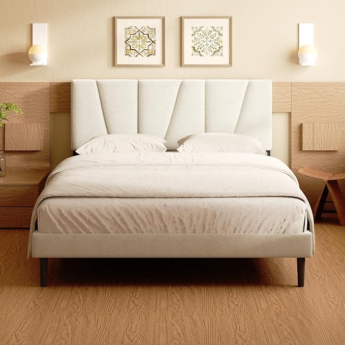 Full Size Bed Frame, Linen Upholstered Platform Bed with Headboard, Strong Wooden Slats Support, Noise-Free Mattress Foundation, No Box Spring Needed, Easy Assembly, Beige