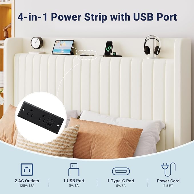 Allewie Full Size Lift Up Storage Bed Frame,Storage Shelf Headboard with Charging Station,Type-C and USB Ports,Hydraulic Support,Velvet Upholstered Bed Frame,No Box Spring Needed,Cream