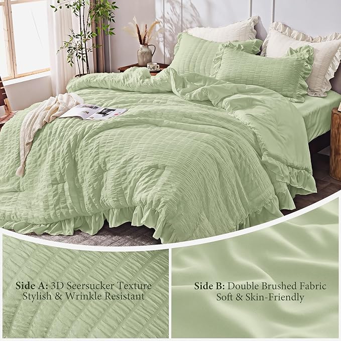 JOLLYVOGUE Sage Green King Comforter Set, 3 Pieces Seersucker Comforters King Size, Lightweight & Fluffy Bedding Sets King for All Season with 1 Ruffle Comforter and 2 Ruffle Pillowshams