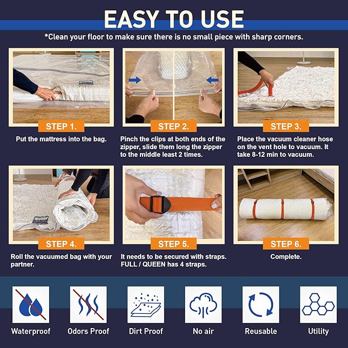 Mattress Vacuum Storage Bag for Memory Foam, Latex and Hybrid Mattress, Easy Moving and Storage (Twin/Twin XL Size)