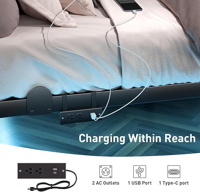 qimamo 14 Inch Floating King Bed Frame with Smart LED Lights and Charging Station, Modern Metal King Bed Frame, Easy to Assemble, No Box Spring Needed