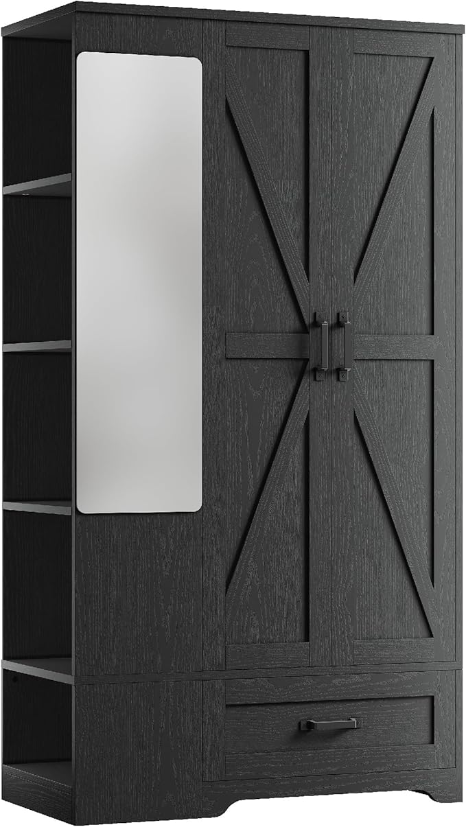 LIKIMIO Armoire Wardrobe Closet 70 Inches, Large Storage with Mirror, 2 Doors, Drawer, and Shelves, Modern Bedroom Freestanding Wooden Wardrobe Combination with Hanging Rail, Black
