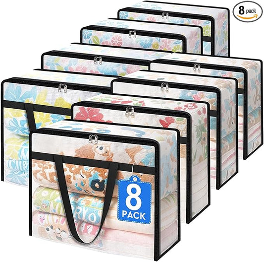 BlissTotes 8 Pack Clear Clothes Storage Bags, Moving Bags, Foldable Blanket Storage Under Bed Storage Containers with Sturdy Zipper and Handle for Clothing, Comforter, Bedding, Sheet (40L)