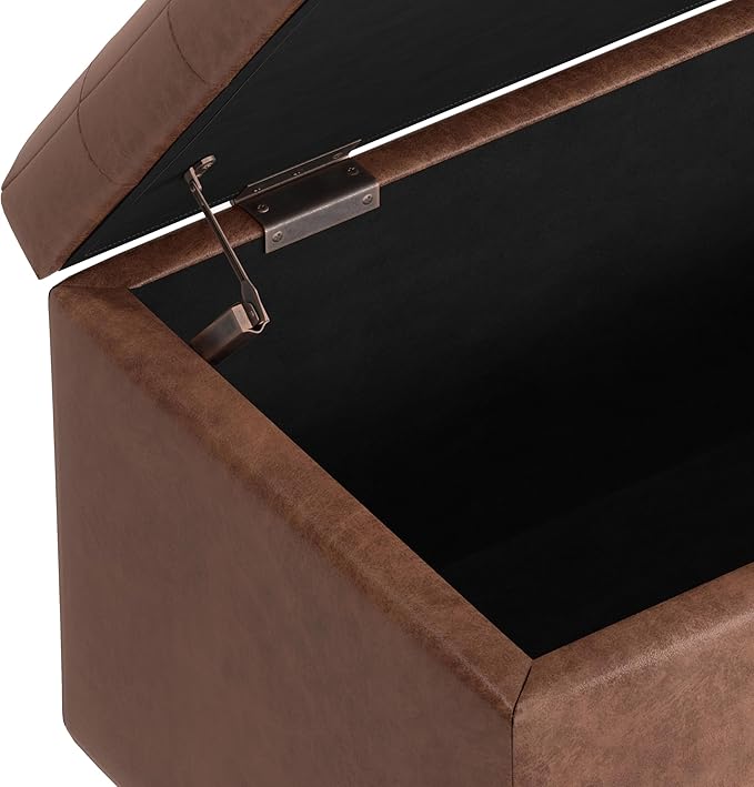 SIMPLIHOME Cosmopolitan Storage Ottoman - 34 inch Wide Upholstered Vegan Leather Rectangle Storage Ottoman Bench in Distressed Saddle Brown, Transitional Tufted Ottoman for Entryway with Lift-Up Lid