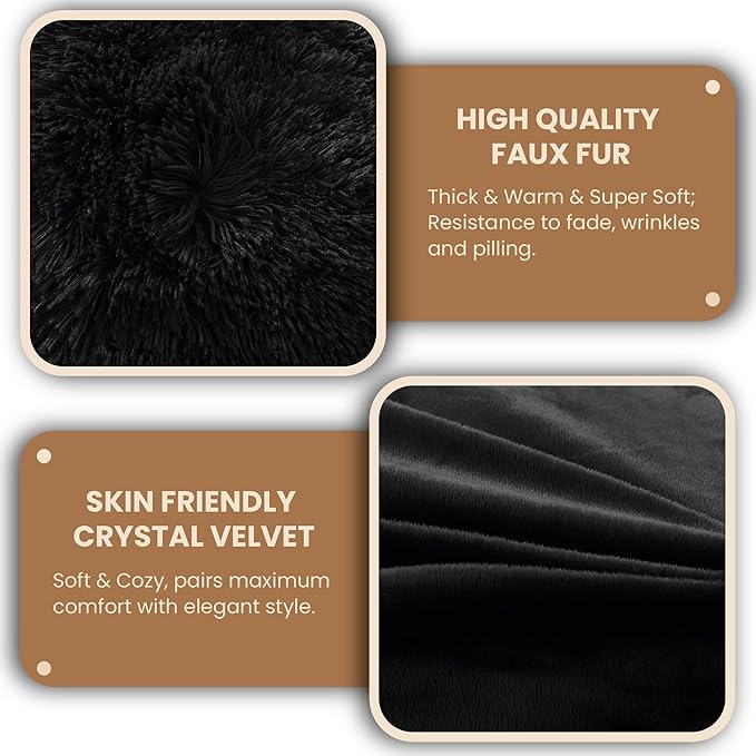 MEGO Luxury Fluffy Body Pillow Cover, 20x54 Shaggy Faux Fur Body Pillow Case, Black Soft Plush Fuzzy Body Pillowcase, Decorative Furry Long Bed Pillow with Zipper Closure Hug Pillow for Bedroom Black