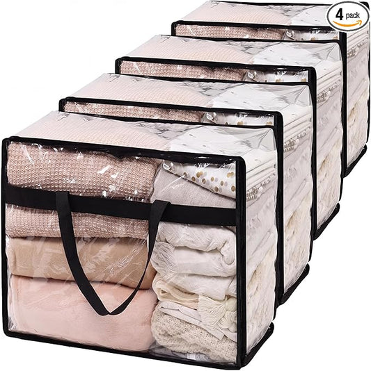 SGHUO Blanket Storage Bags 60L Extra Large Plastic Vinyl Clear Storage Bag for Clothes, Comforter, Bedding, Moving Bags with Zipper and Reinforced Handle (4pcs)