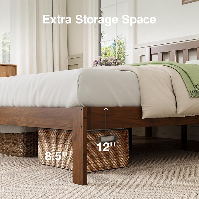 Novilla 12 Inch Queen Bed Frame with Headboard, Queen Size BedFrame with Headboard Classic Wooden Bed Frame Queen Size with Wood Slat Support, No Box Spring Needed, Easy Assembly, Walnut