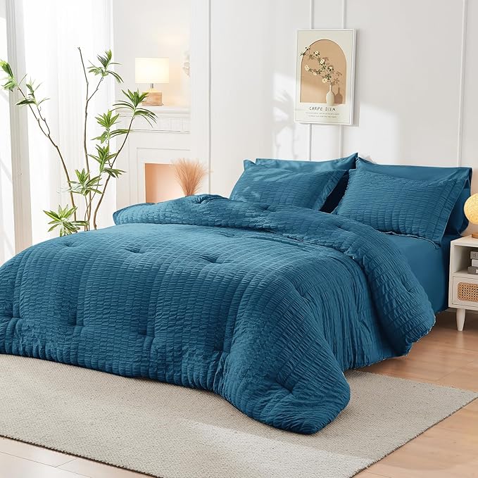 HYMOKEGE Teal Twin Comforter Set Seersucker 5 Pieces, All Season Luxury Bed in a Bag for Bedroom, Bedding Set with Comforters, Sheets, Pillowcase & Sham