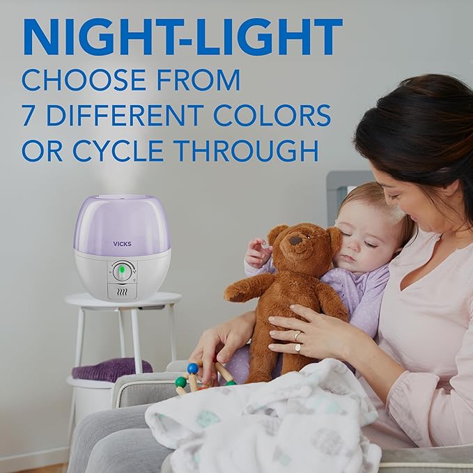 Vicks Humidifier 3-in-1 SleepyTime Cool Mist Humidifier for Baby & Kids Rooms with Color Changing Night Light and Essential Oil Diffuser, White