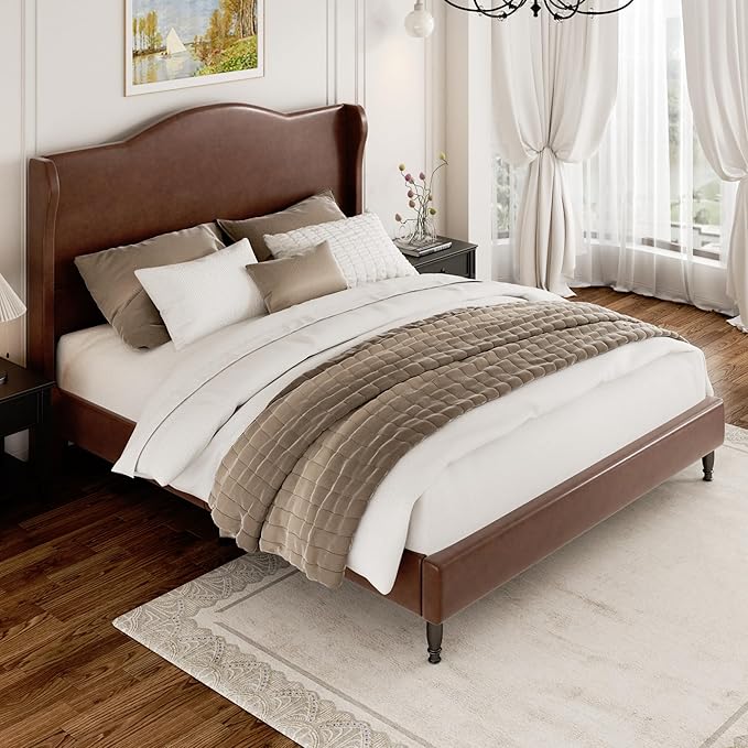 Queen Upholstered Bed Frame with Tall Headboard, Leather Platform Bed Frame with Wingback Sides, Wood Slats Support, Noise-Free Design, No Box Spring Required, Easy Assembly, Dark Brown