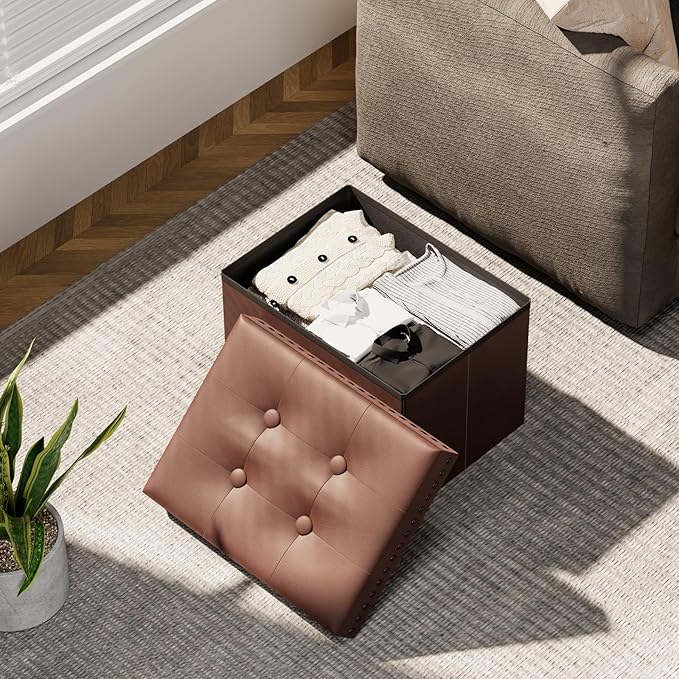 Ottoman Faux Leather Storage Ottoman Bench, Rectangular Storage Ottoman for Bedroom End of Bed, Brown Leather Footrest Ottoman with Toy Blanket Storage 16" D x 12" W x 12" H (Small)