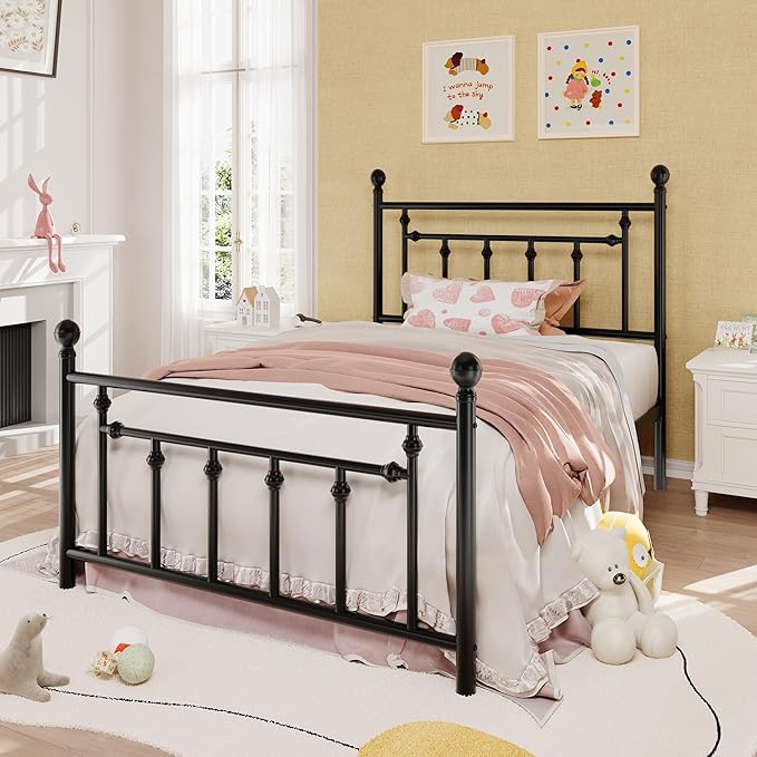 SHA CERLIN 14" Twin Size Metal Platform Bed Frame/Victorian Headboard and Footboard/Steel Slats Mattress Foundation for Storage/No Box Spring Needed/Noise Free/Black